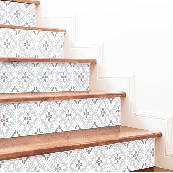 Peel and Stick Floral Pattern Elegant Blue and Gray Stair Riser Decals - Picture 5 of 12